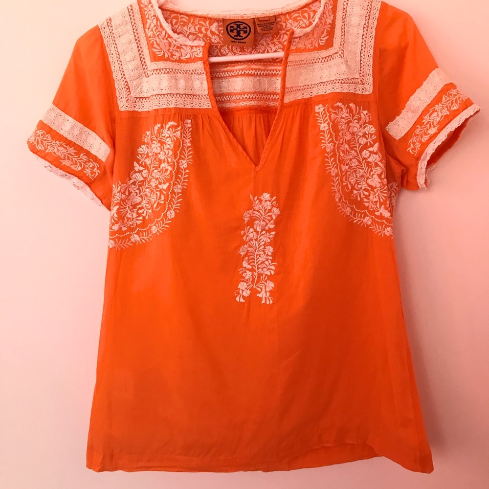 Tory Burch Boho Embroidered Lace Cotton Top Orange